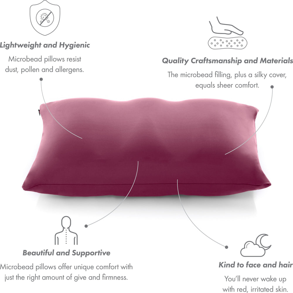 Premium Microbead Bed Pillow, Small Extra Fluffy But Supportive - Ultra Comfortable Sleep with Silk Like Anti Aging Cover 85% spandex/ 15% nylon Breathable, Cooling Burgundy Merlot