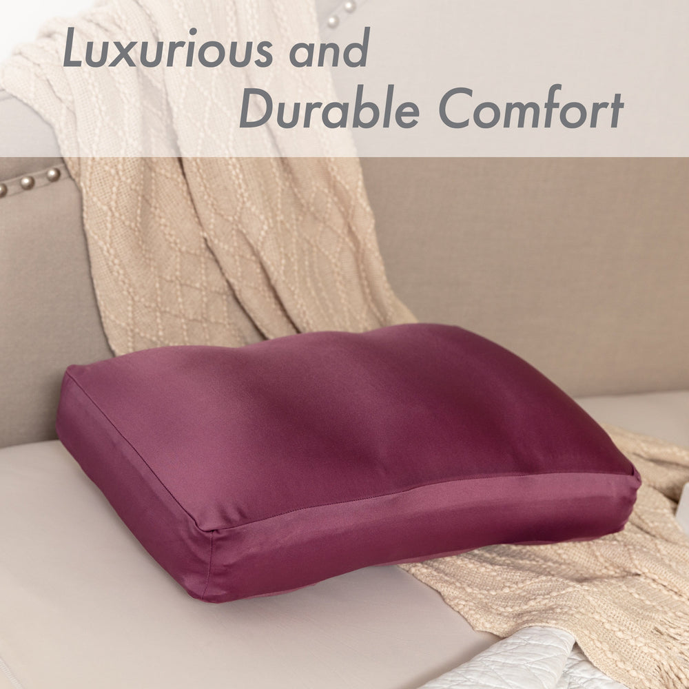 Premium Microbead Bed Pillow, Small Extra Fluffy But Supportive - Ultra Comfortable Sleep with Silk Like Anti Aging Cover 85% spandex/ 15% nylon Breathable, Cooling Burgundy Merlot