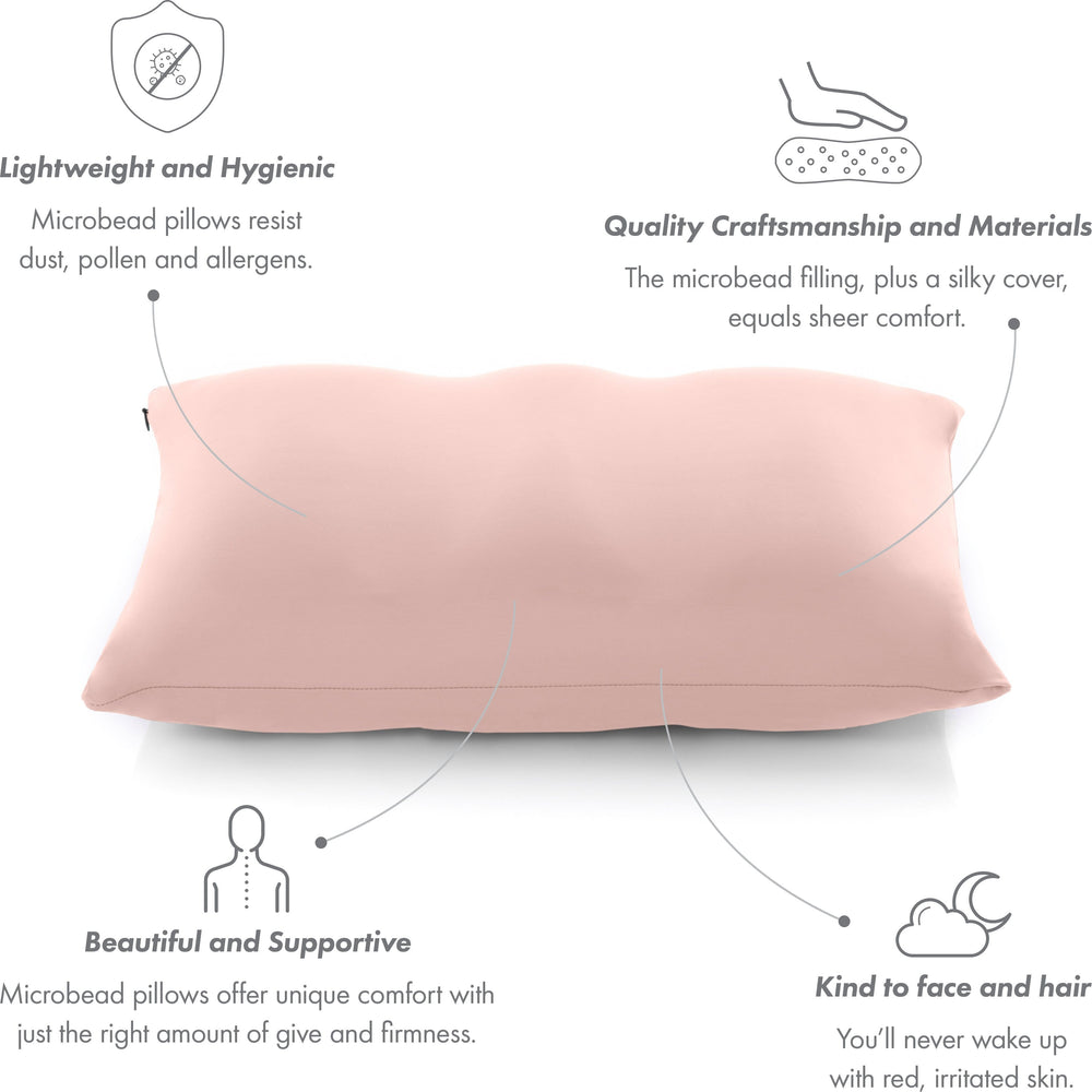 Premium Microbead Bed Pillow, Small Extra Fluffy But Supportive - Ultra Comfortable Sleep with Silk Like Anti Aging Cover 85% spandex/ 15% nylon Breathable, Cooling Cream Peach