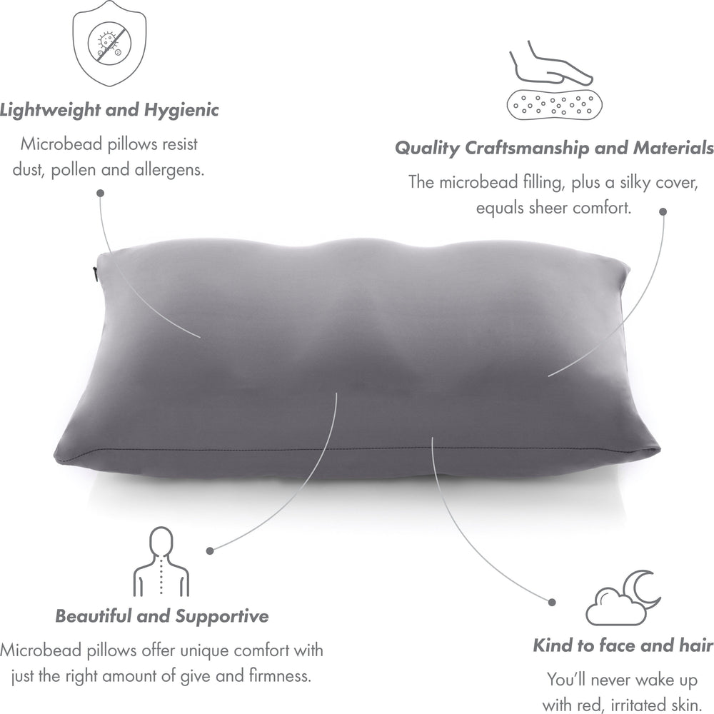 Premium Microbead Bed Pillow, Small Extra Fluffy But Supportive - Ultra Comfortable Sleep with Silk Like Anti Aging Cover 85% spandex/ 15% nylon Breathable, Cooling Dark Grey