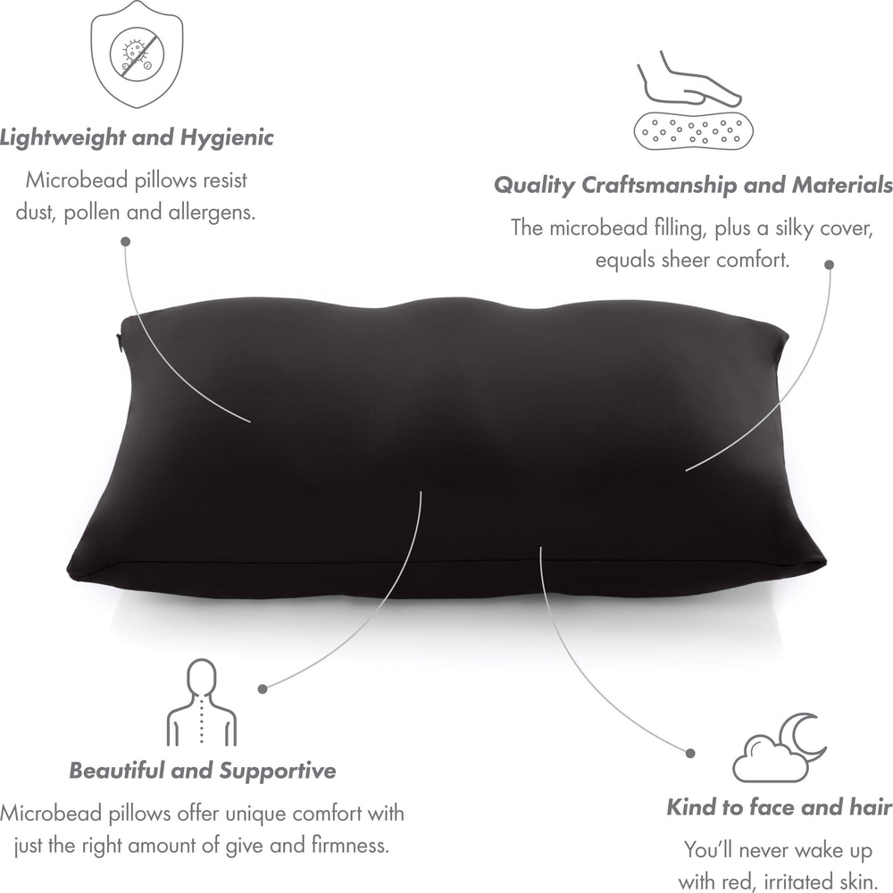 Premium Microbead Bed Pillow, Small Extra Fluffy But Supportive - Ultra Comfortable Sleep with Silk Like Anti Aging Cover 85% spandex/ 15% nylon Breathable, Cooling Matte Black