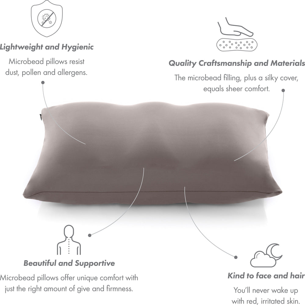 Premium Microbead Bed Pillow, Small Extra Fluffy But Supportive - Ultra Comfortable Sleep with Silk Like Anti Aging Cover 85% spandex/ 15% nylon Breathable, Cooling Stone Gray