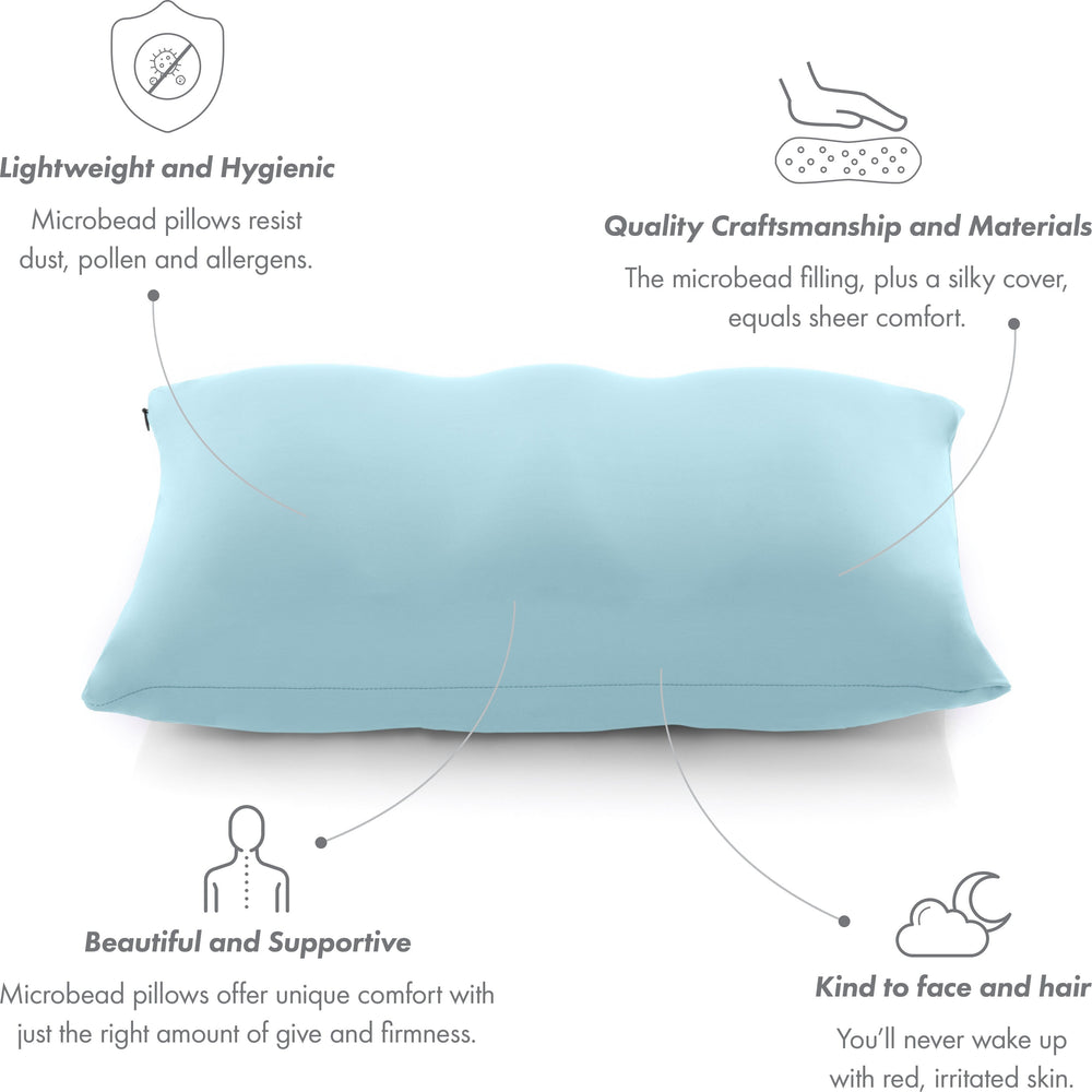 Premium Microbead Bed Pillow, Small Extra Fluffy But Supportive - Ultra Comfortable Sleep with Silk Like Anti Aging Cover 85% spandex/ 15% nylon Breathable, Cooling Sweet Baby Blue
