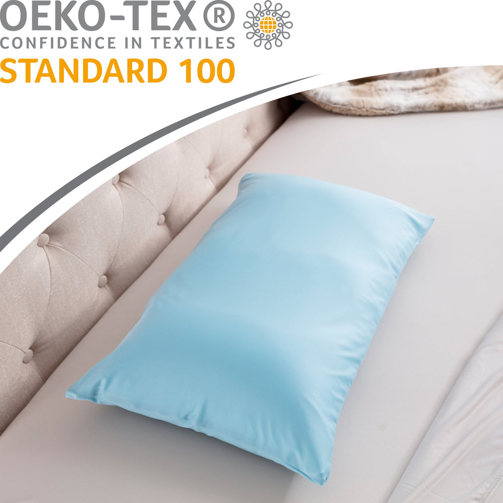 Premium Microbead Bed Pillow, Small Extra Fluffy But Supportive - Ultra Comfortable Sleep with Silk Like Anti Aging Cover 85% spandex/ 15% nylon Breathable, Cooling Sweet Baby Blue