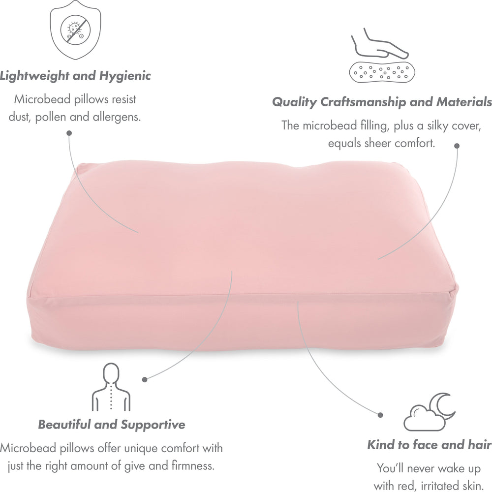 Premium Microbead Bed Pillow, Large Extra Fluffy But Supportive - Ultra Comfortable Sleep with Silk Like Anti Aging Cover 85% spandex/ 15% nylon Breathable, Cooling Cream Peach