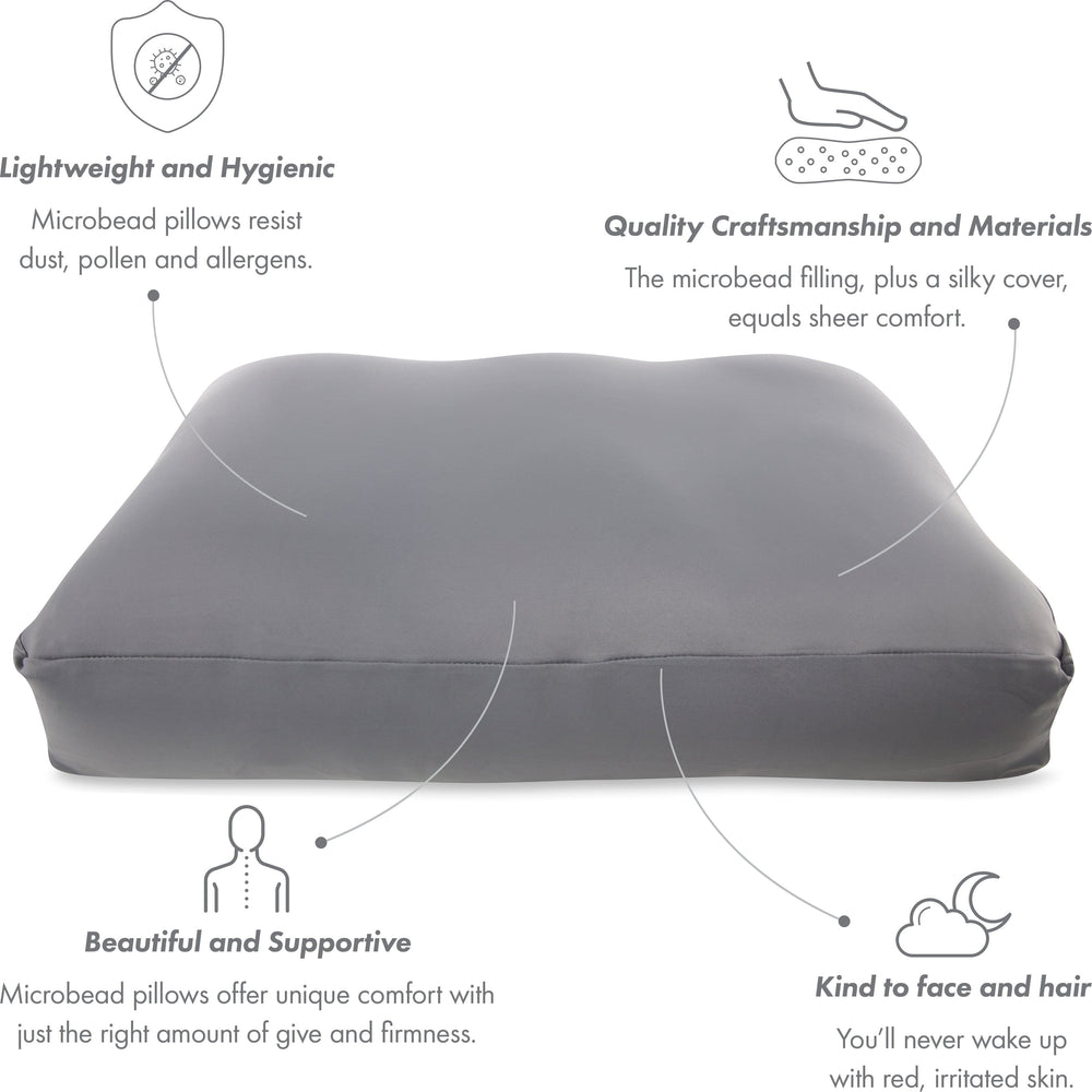 Premium Microbead Bed Pillow, Large Extra Fluffy But Supportive - Ultra Comfortable Sleep with Silk Like Anti Aging Cover 85% spandex/ 15% nylon Breathable, Cooling Dark Grey