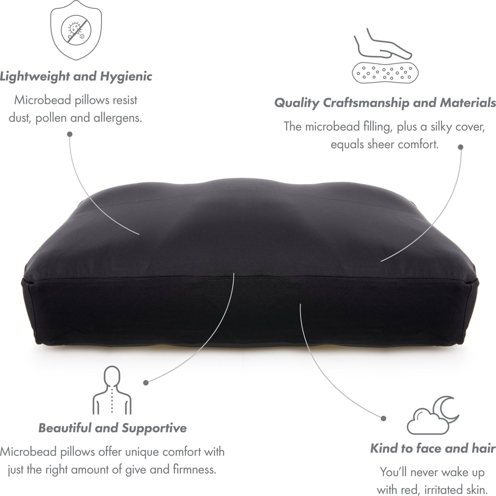 Premium Microbead Bed Pillow, Large Extra Fluffy But Supportive - Ultra Comfortable Sleep with Silk Like Anti Aging Cover 85% spandex/ 15% nylon Breathable, Cooling Matte Black