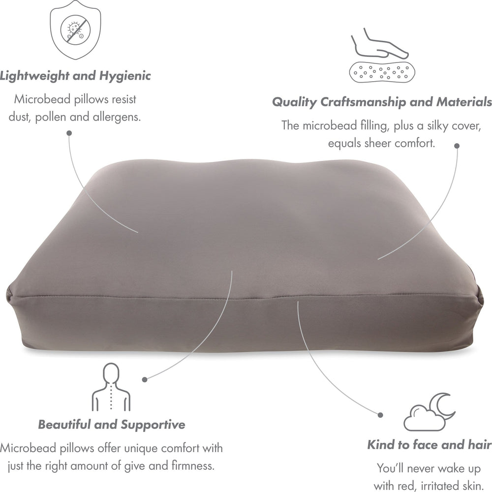 Premium Microbead Bed Pillow, Large Extra Fluffy But Supportive - Ultra Comfortable Sleep with Silk Like Anti Aging Cover 85% spandex/ 15% nylon Breathable, Cooling Stone Gray