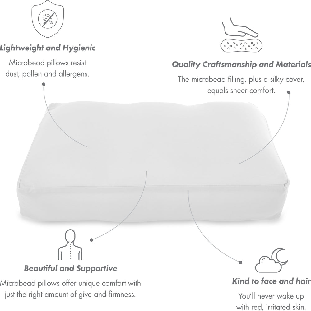 Premium Microbead Bed Pillow, Large Extra Fluffy But Supportive - Ultra Comfortable Sleep with Silk Like Anti Aging Cover 85% spandex/ 15% nylon Breathable, Cooling White