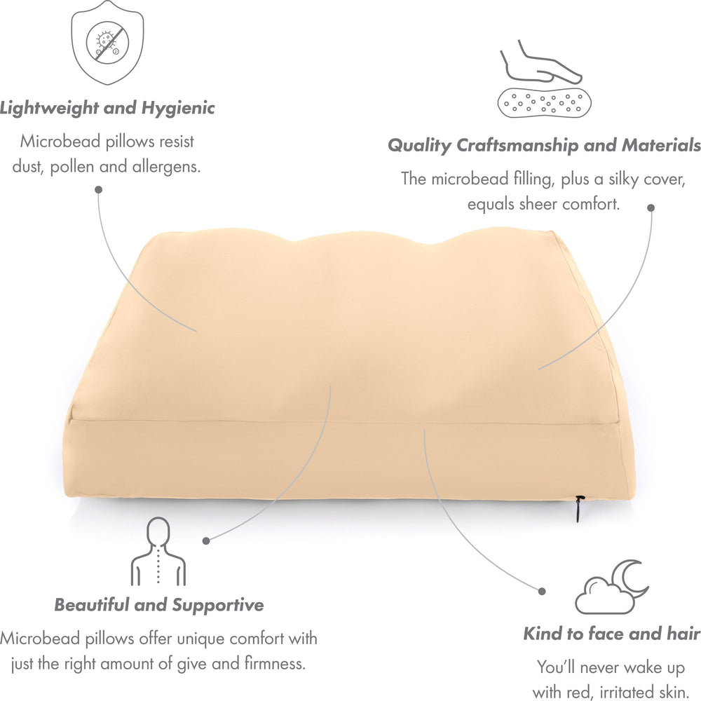 Premium Microbead Bed Pillow, Medium Extra Fluffy But Supportive - Ultra Comfortable Sleep with Silk Like Anti Aging Cover 85% spandex/ 15% nylon Breathable, Cooling Barely Beige