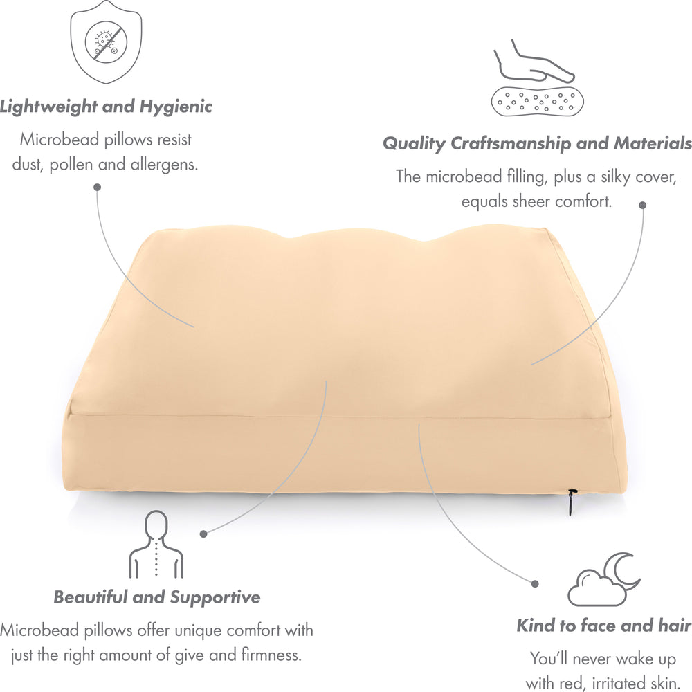 Premium Microbead Bed Pillow, Small Extra Fluffy But Supportive - Ultra Comfortable Sleep with Silk Like Anti Aging Cover 85% spandex/ 15% nylon Breathable, Cooling Barely Beige