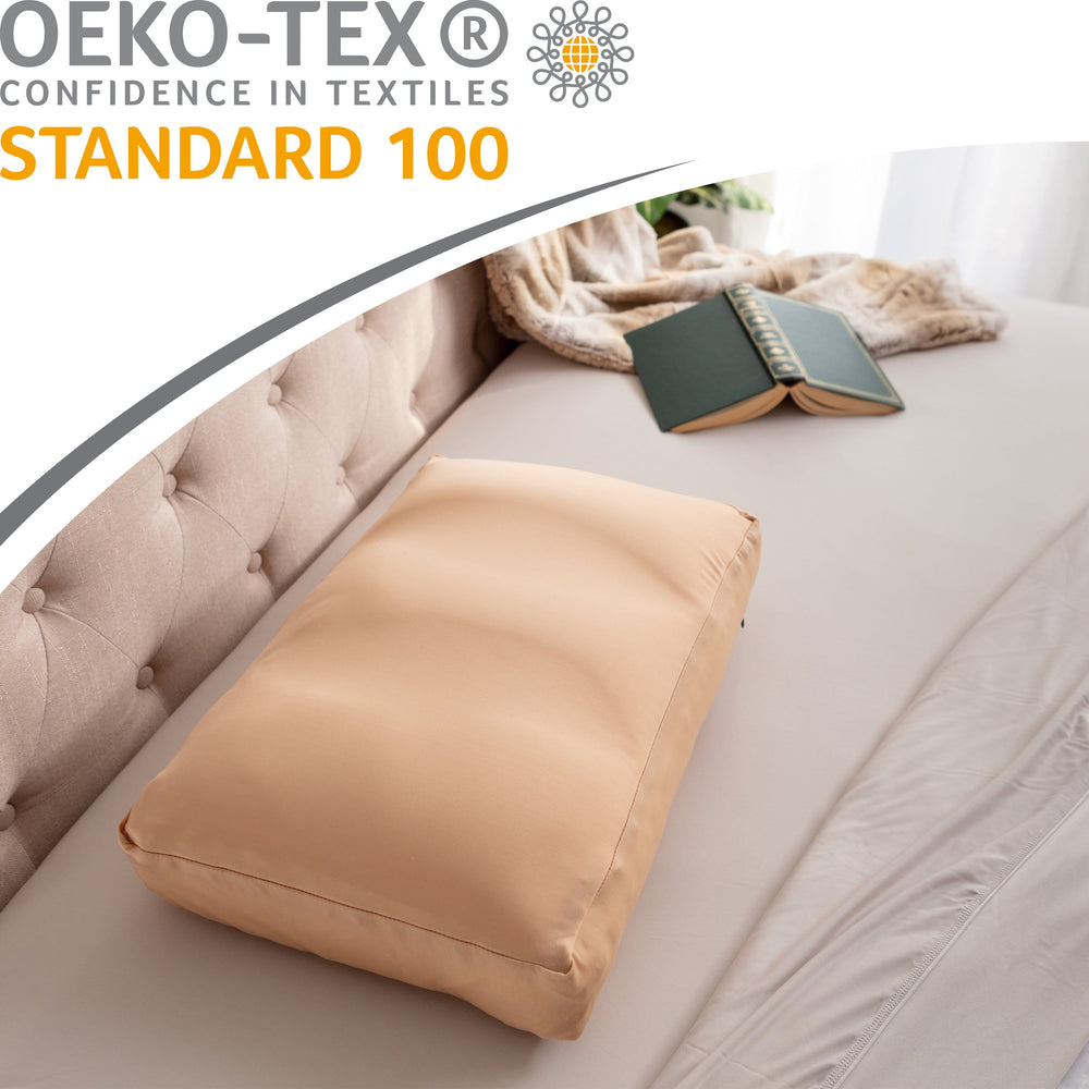 Premium Microbead Bed Pillow, Medium Extra Fluffy But Supportive - Ultra Comfortable Sleep with Silk Like Anti Aging Cover 85% spandex/ 15% nylon Breathable, Cooling Barely Beige
