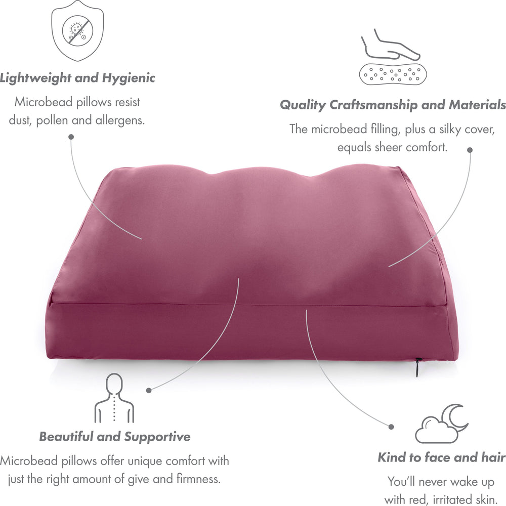 Premium Microbead Bed Pillow, Medium Extra Fluffy But Supportive - Ultra Comfortable Sleep with Silk Like Anti Aging Cover 85% spandex/ 15% nylon Breathable, Cooling Burgundy Merlot