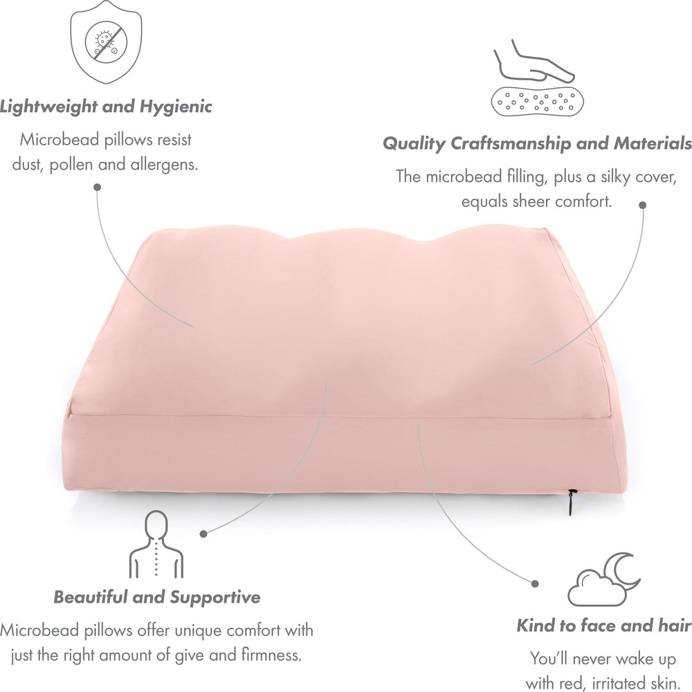 Premium Microbead Bed Pillow, Medium Extra Fluffy But Supportive - Ultra Comfortable Sleep with Silk Like Anti Aging Cover 85% spandex/ 15% nylon Breathable, Cooling Cream Peach