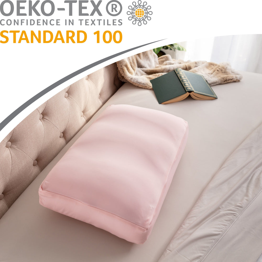 Premium Microbead Bed Pillow, Medium Extra Fluffy But Supportive - Ultra Comfortable Sleep with Silk Like Anti Aging Cover 85% spandex/ 15% nylon Breathable, Cooling Cream Peach