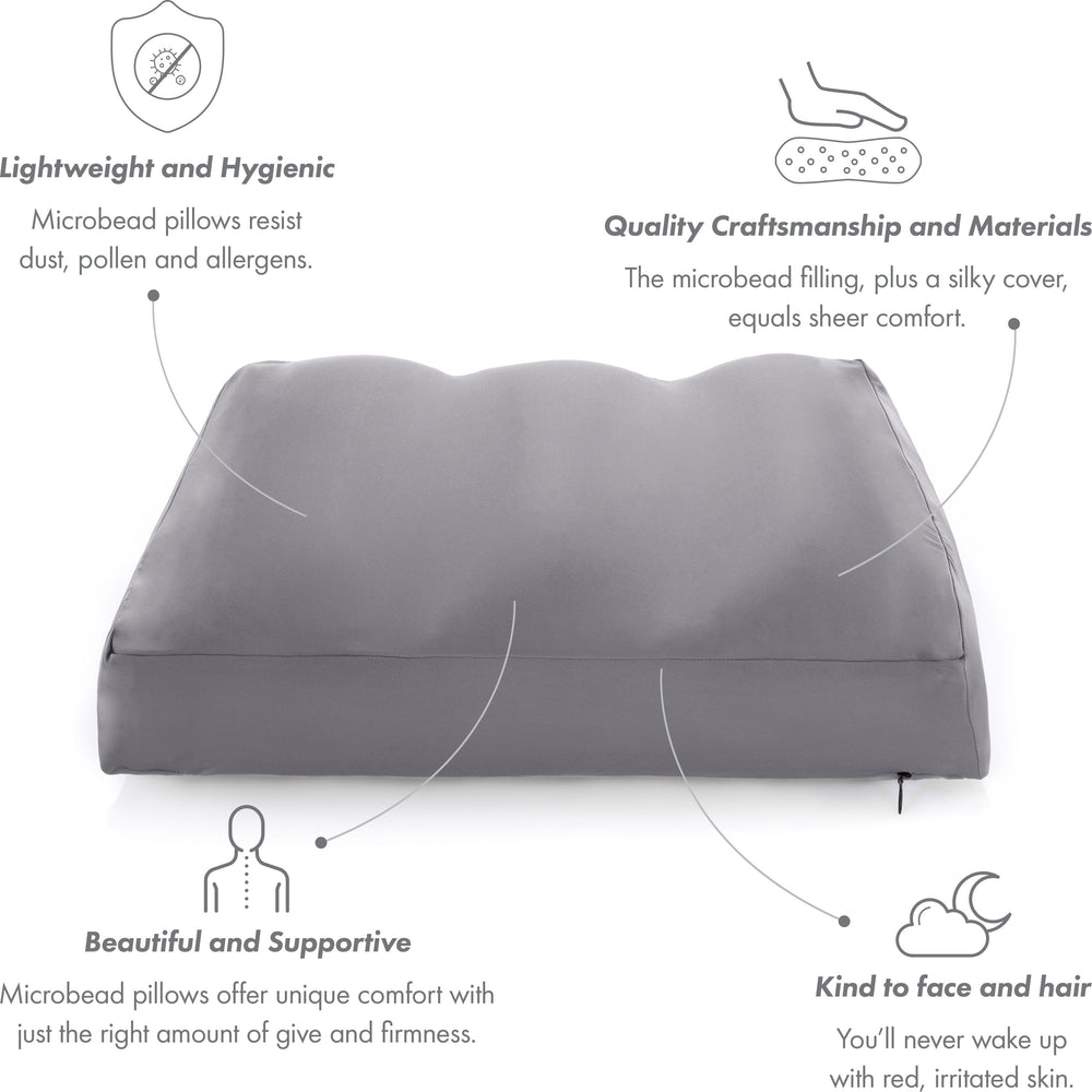 Premium Microbead Bed Pillow, Medium Extra Fluffy But Supportive - Ultra Comfortable Sleep with Silk Like Anti Aging Cover 85% spandex/ 15% nylon Breathable, Cooling Dark Grey