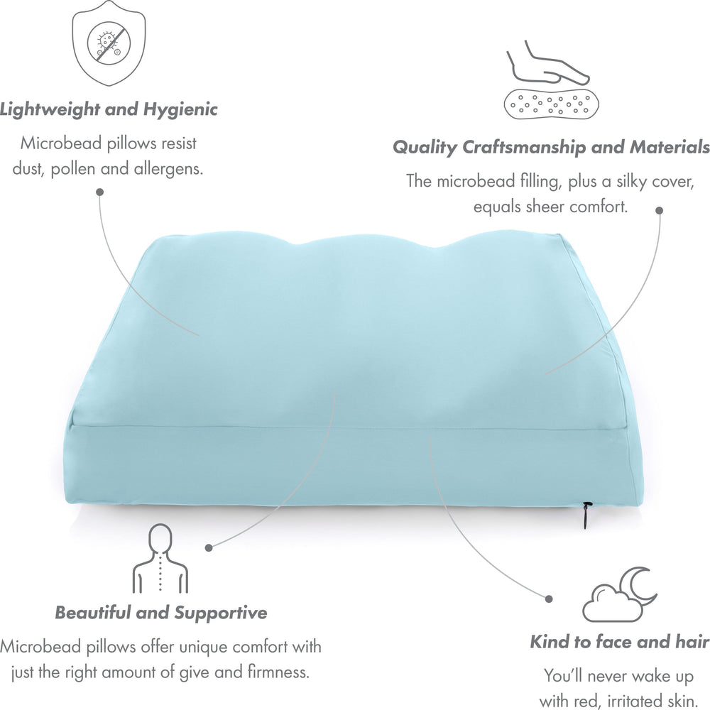 Premium Microbead Bed Pillow, Medium Extra Fluffy But Supportive - Ultra Comfortable Sleep with Silk Like Anti Aging Cover 85% spandex/ 15% nylon Breathable, Cooling Sweet Baby Blue