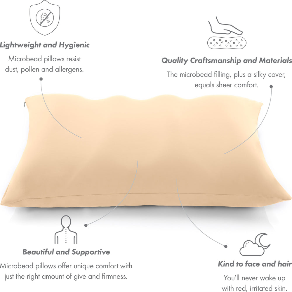 Premium Microbead Bed Pillow, X-Large Extra Fluffy But Supportive - Ultra Comfortable Sleep with Silk Like Anti Aging Cover 85% spandex/ 15% nylon Breathable, Cooling Barely Beige
