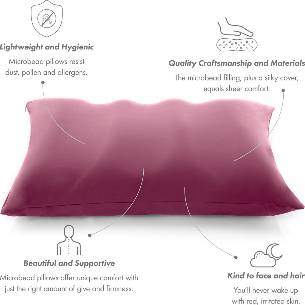 Premium Microbead Bed Pillow, X-Large Extra Fluffy But Supportive - Ultra Comfortable Sleep with Silk Like Anti Aging Cover 85% spandex/ 15% nylon Breathable, Cooling Burgundy Merlot