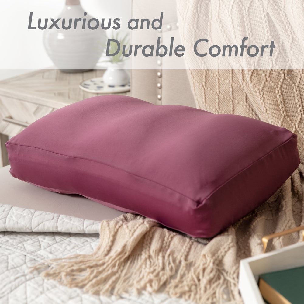 Premium Microbead Bed Pillow, X-Large Extra Fluffy But Supportive - Ultra Comfortable Sleep with Silk Like Anti Aging Cover 85% spandex/ 15% nylon Breathable, Cooling Burgundy Merlot