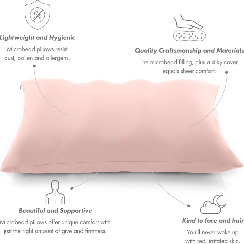 Premium Microbead Bed Pillow, X-Large Extra Fluffy But Supportive - Ultra Comfortable Sleep with Silk Like Anti Aging Cover 85% spandex/ 15% nylon Breathable, Cooling Cream Peach
