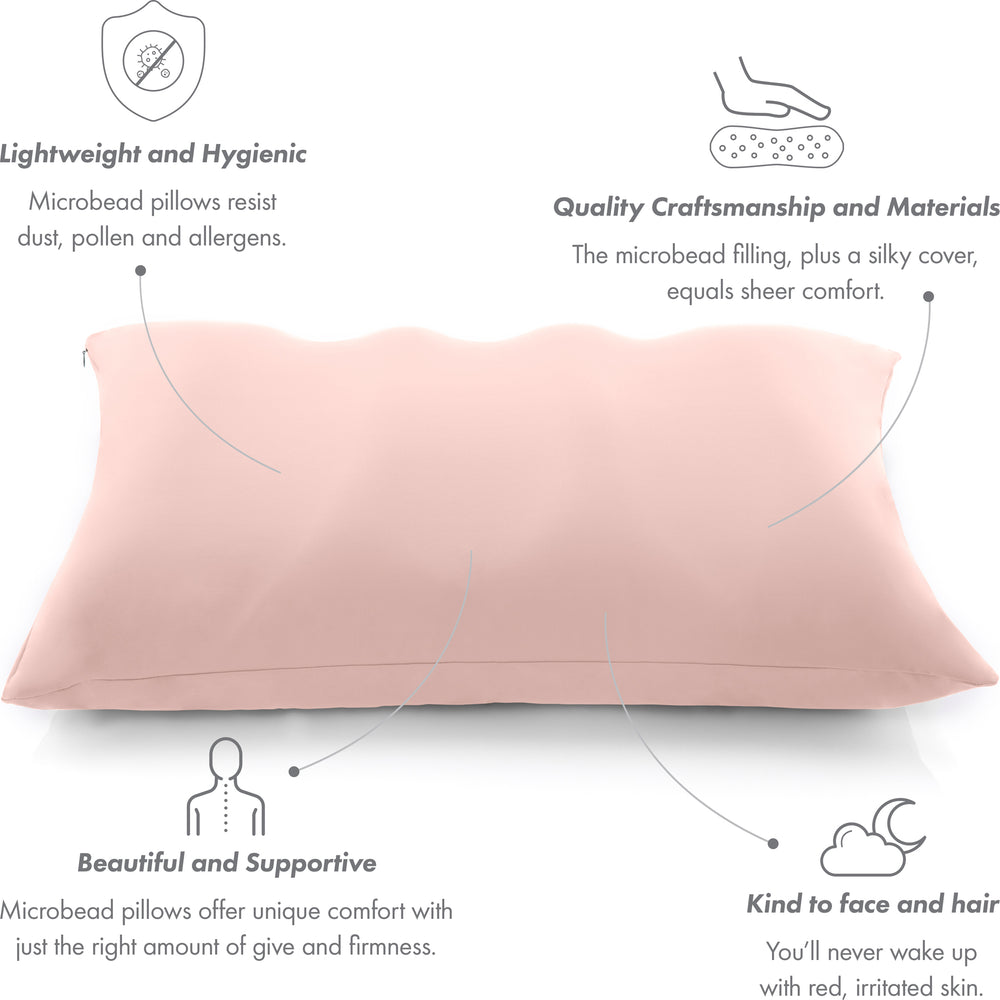 Premium Microbead Bed Pillow, Large Extra Fluffy But Supportive - Ultra Comfortable Sleep with Silk Like Anti Aging Cover 85% spandex/ 15% nylon Breathable, Cooling Barely Beige