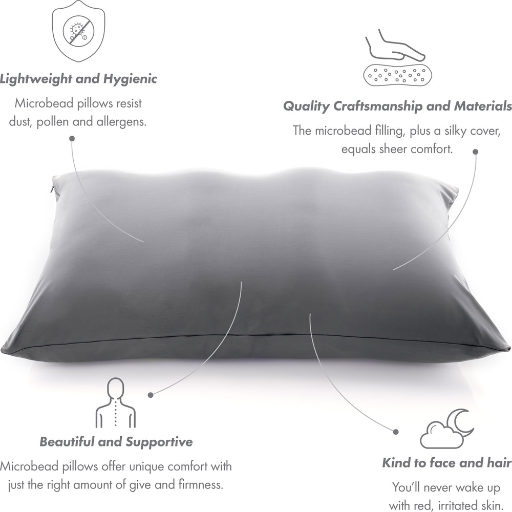 Premium Microbead Bed Pillow, Small Extra Fluffy But Supportive - Ultra Comfortable Sleep with Silk Like Anti Aging Cover 85% spandex/ 15% nylon Breathable, Cooling Barely Beige