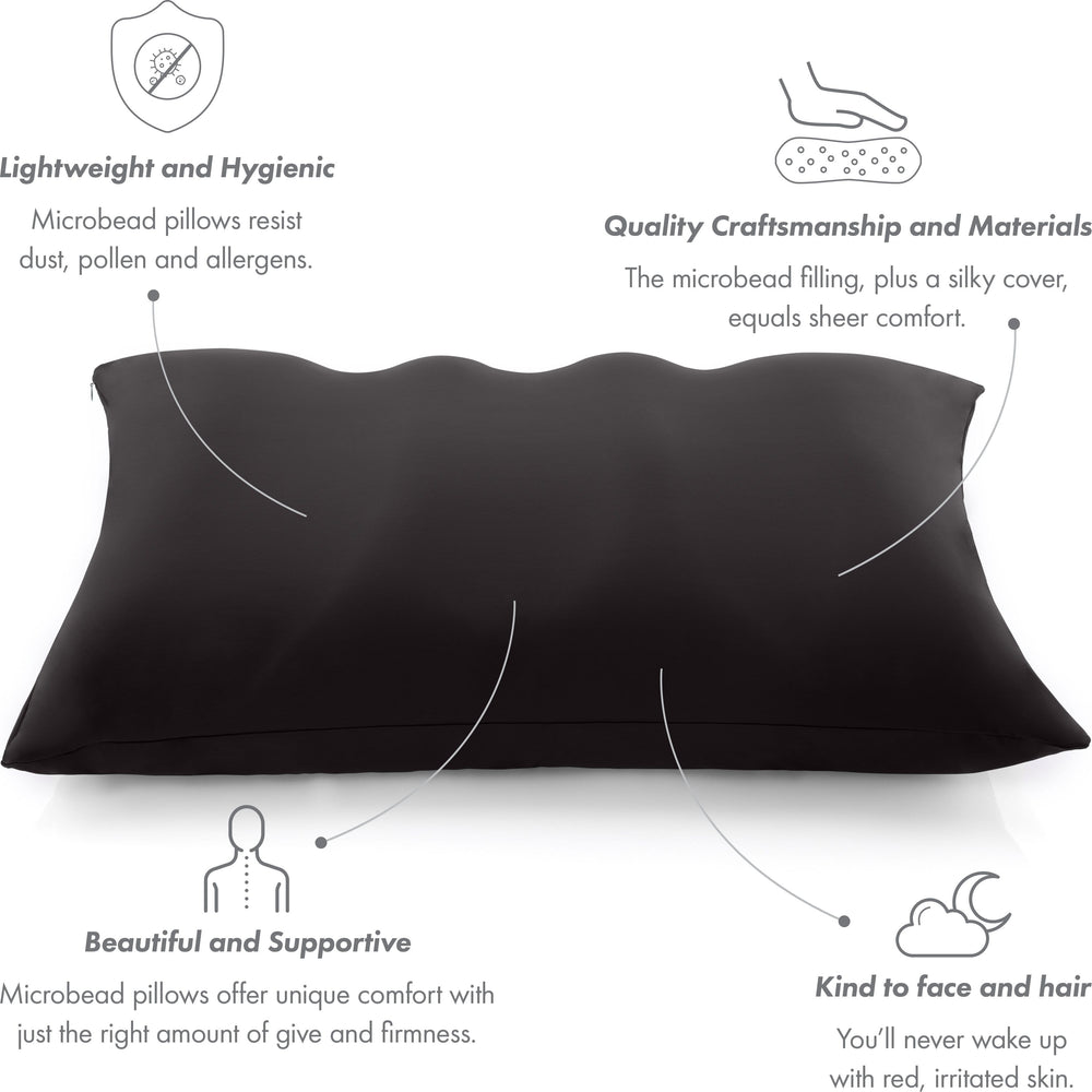 Premium Microbead Bed Pillow, X-Large Extra Fluffy But Supportive - Ultra Comfortable Sleep with Silk Like Anti Aging Cover 85% spandex/ 15% nylon Breathable, Cooling Matte Black