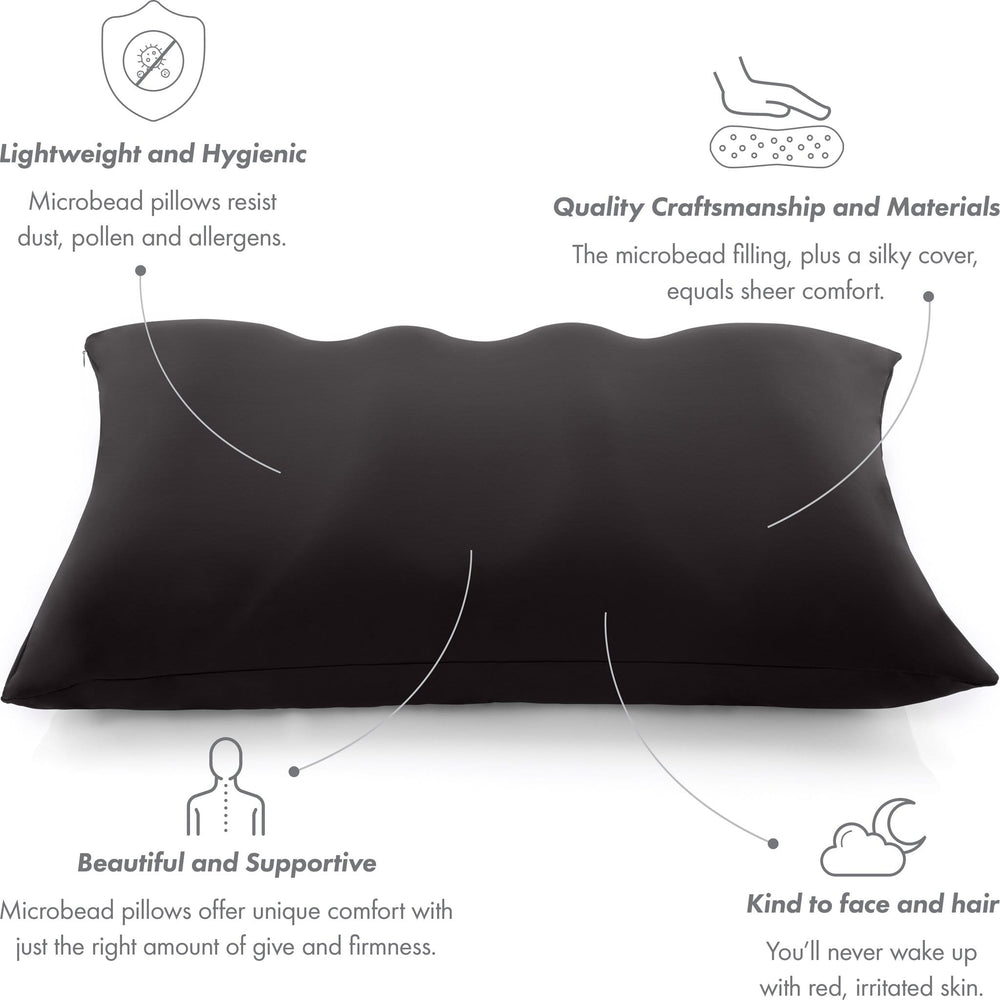 Premium Microbead Bed Pillow, X-Large Extra Fluffy But Supportive - Ultra Comfortable Sleep with Silk Like Anti Aging Cover 85% spandex/ 15% nylon Breathable, Cooling Stone Gray