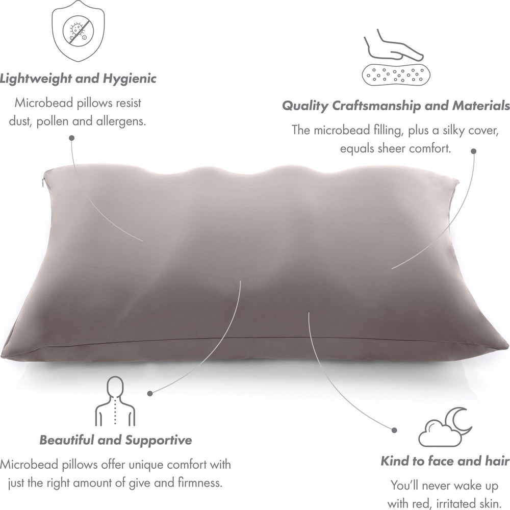 Premium Microbead Bed Pillow, X-Large Extra Fluffy But Supportive - Ultra Comfortable Sleep with Silk Like Anti Aging Cover 85% spandex/ 15% nylon Breathable, Cooling Stone Gray