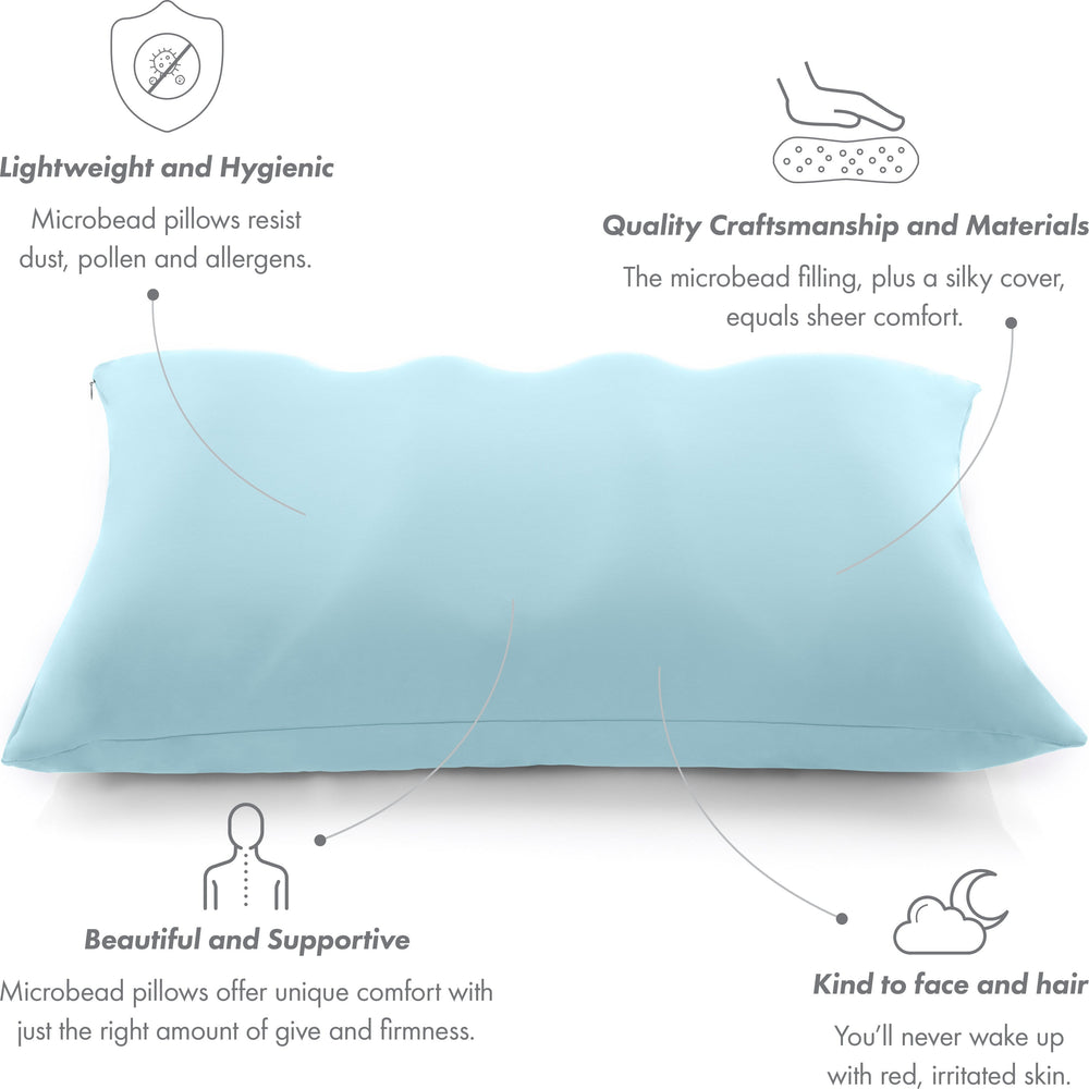 Premium Microbead Bed Pillow, X-Large Extra Fluffy But Supportive - Ultra Comfortable Sleep with Silk Like Anti Aging Cover 85% spandex/ 15% nylon Breathable, Cooling Sweet Baby Blue