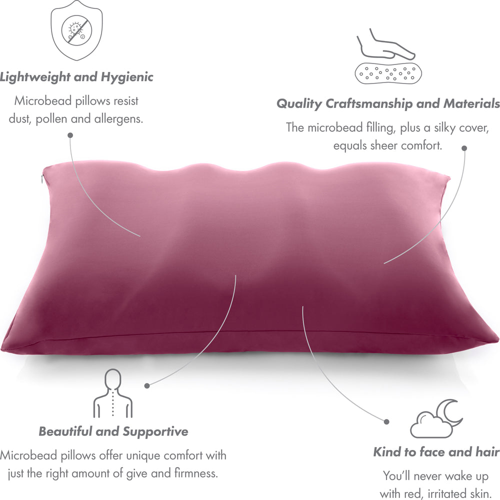 Premium Microbead Bed Pillow, Large Extra Fluffy But Supportive - Ultra Comfortable Sleep with Silk Like Anti Aging Cover 85% spandex/ 15% nylon Breathable, Cooling Burgundy Merlot