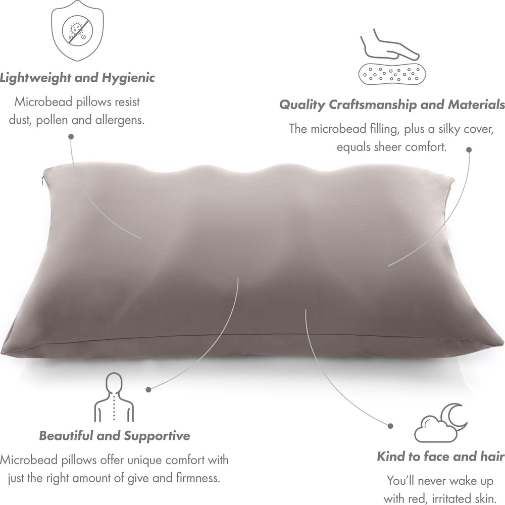 Premium Microbead Bed Pillow, Large Extra Fluffy But Supportive - Ultra Comfortable Sleep with Silk Like Anti Aging Cover 85% spandex/ 15% nylon Breathable, Cooling Stone Gray