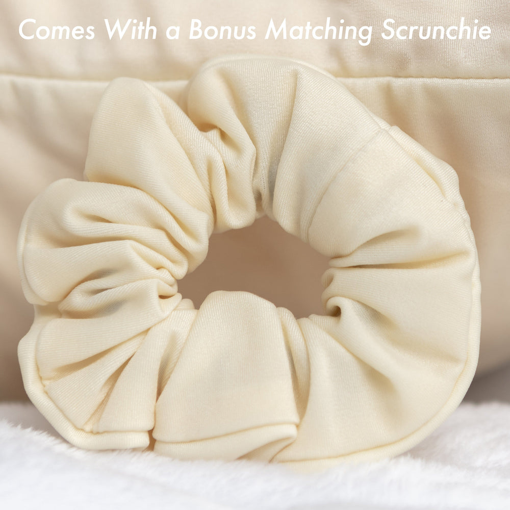 Ultra Silk Like Beauty Pillow Cover - Blend of 85% Nylon and 15% Spandex Means This Cover Is Designed to Keep Hair Tangle Free and Helps Skin - Bonus Matching Hair Scrunchie, Off Cream, Standard