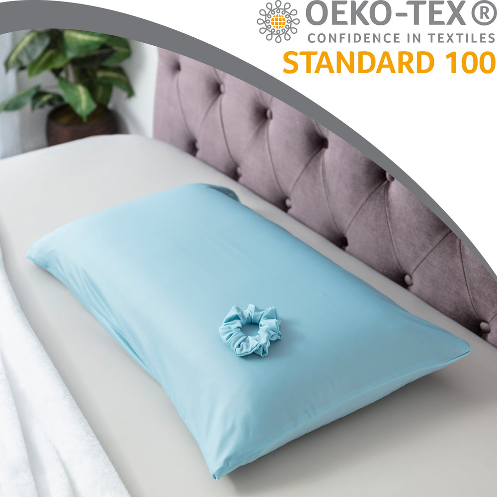 Ultra Silk Like Beauty Pillow Cover - Blend of 85% Nylon and 15% Spandex Means This Cover Is Designed to Keep Hair Tangle Free and Helps Skin - Bonus Matching Hair Scrunchie, Sweat Baby Blue, Standard