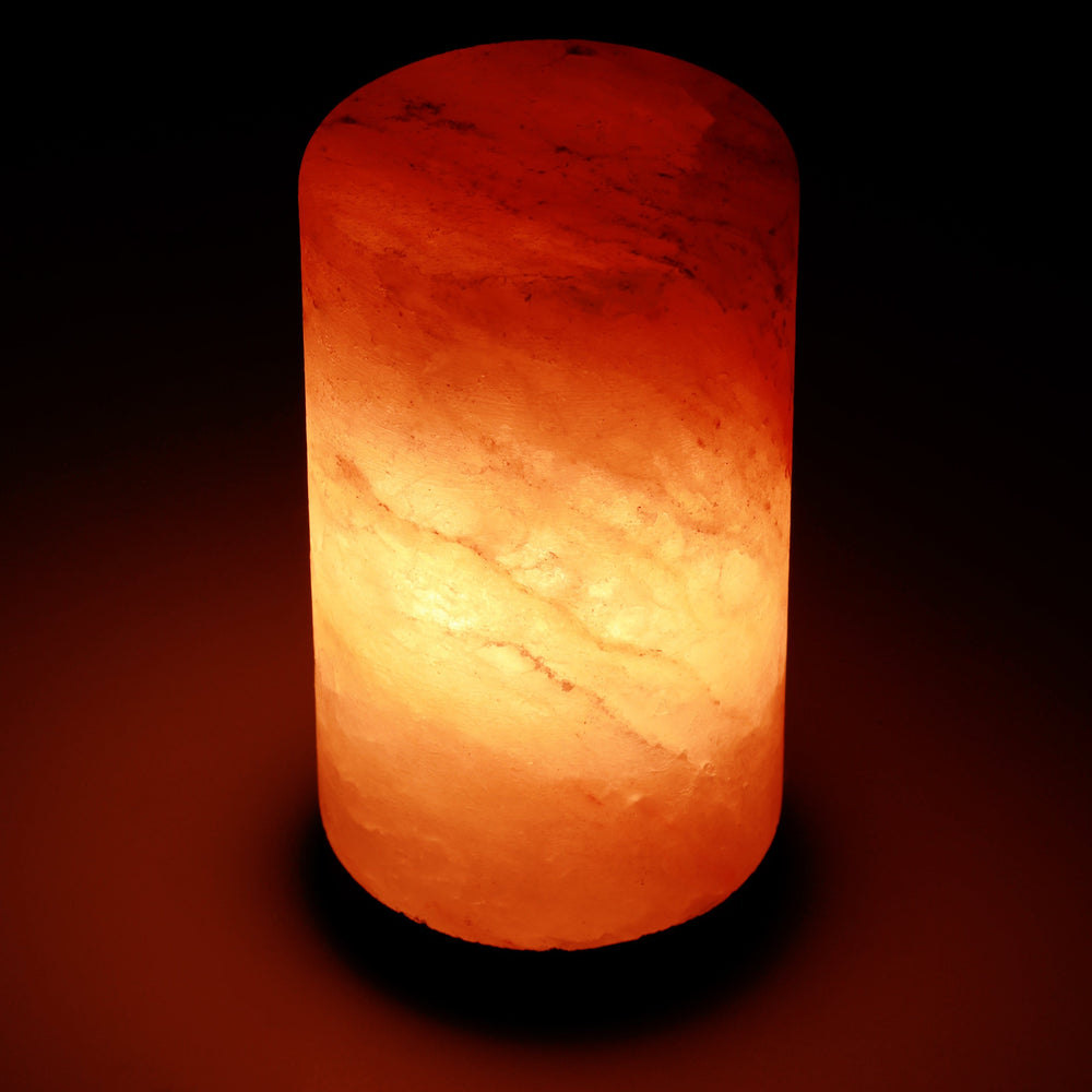 Himalayan Rock Salt Cylinder Lamp, 7 Inches Tall - Soft Calm Therapeutic Light - Smoothly Carved Handcrafted Cylindrical Design - Finished Wood Base - Tibetan Evaporated Rock Lamps - , Dark Orange Hue