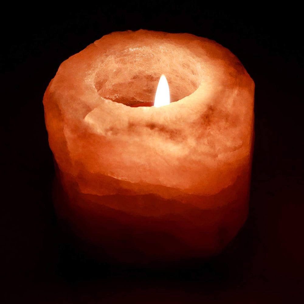 Himalayan Rock Salt Natural Crystal Candleholder, Soft Calm Therapeutic Candle Light - Unique Naturally Formed Salt Crystal Handcrafted Design - Candleholder, Dark Orange Hue