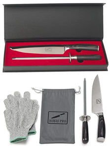 Japanese Knife - Pro 8” Sharp Chef Knife - High Carbon Stainless Steel Kitchen Knife - Includes, Knife Sharpener, 2 Kevlar Gloves (Cut-Resistant ), Storage Box