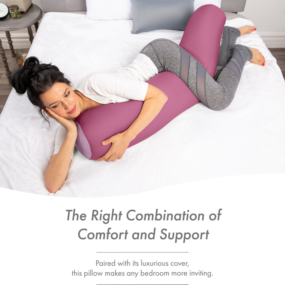 Straight Body Pillow, Full Size Premium Microbead,Side Sleeping / Maternity Pregnant Women, Supportive ,Fluffy, Breathable, Cooling, 85/15 spandex/nylon Silky Anti-Aging - 48” X 8” - Burgundy - Merlot