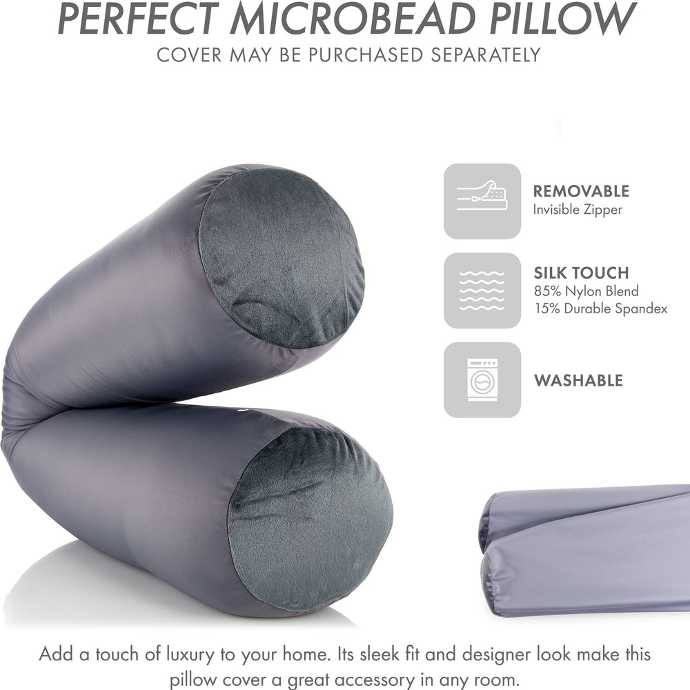 Straight Body Pillow, Full Size Premium Microbead,Side Sleeping / Maternity Pregnant Women, Supportive ,Fluffy, Breathable, Cooling, 85/15 spandex/nylon Silky Anti-Aging Cover - 48” X 8” - Dark Grey