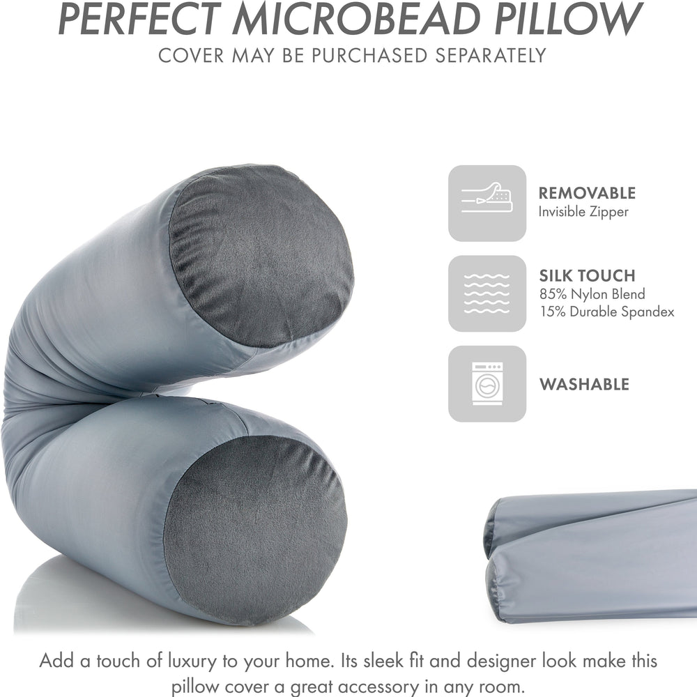Straight Body Pillow, Full Size Premium Microbead,Side Sleeping / Maternity Pregnant Women, Supportive ,Fluffy, Breathable, Cooling, 85/15 spandex/nylon Silky Feel Anti-Aging - 48” X 8” - Light Grey