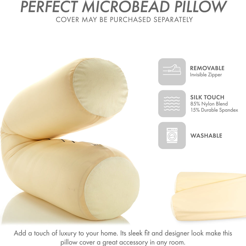 Straight Body Pillow, Full Size Premium Microbead,Side Sleeping / Maternity Pregnant Women, Supportive ,Fluffy, Breathable, Cooling, 85/15 spandex/nylon Silky Anti-Aging - 48” X 8” - Off White Creme