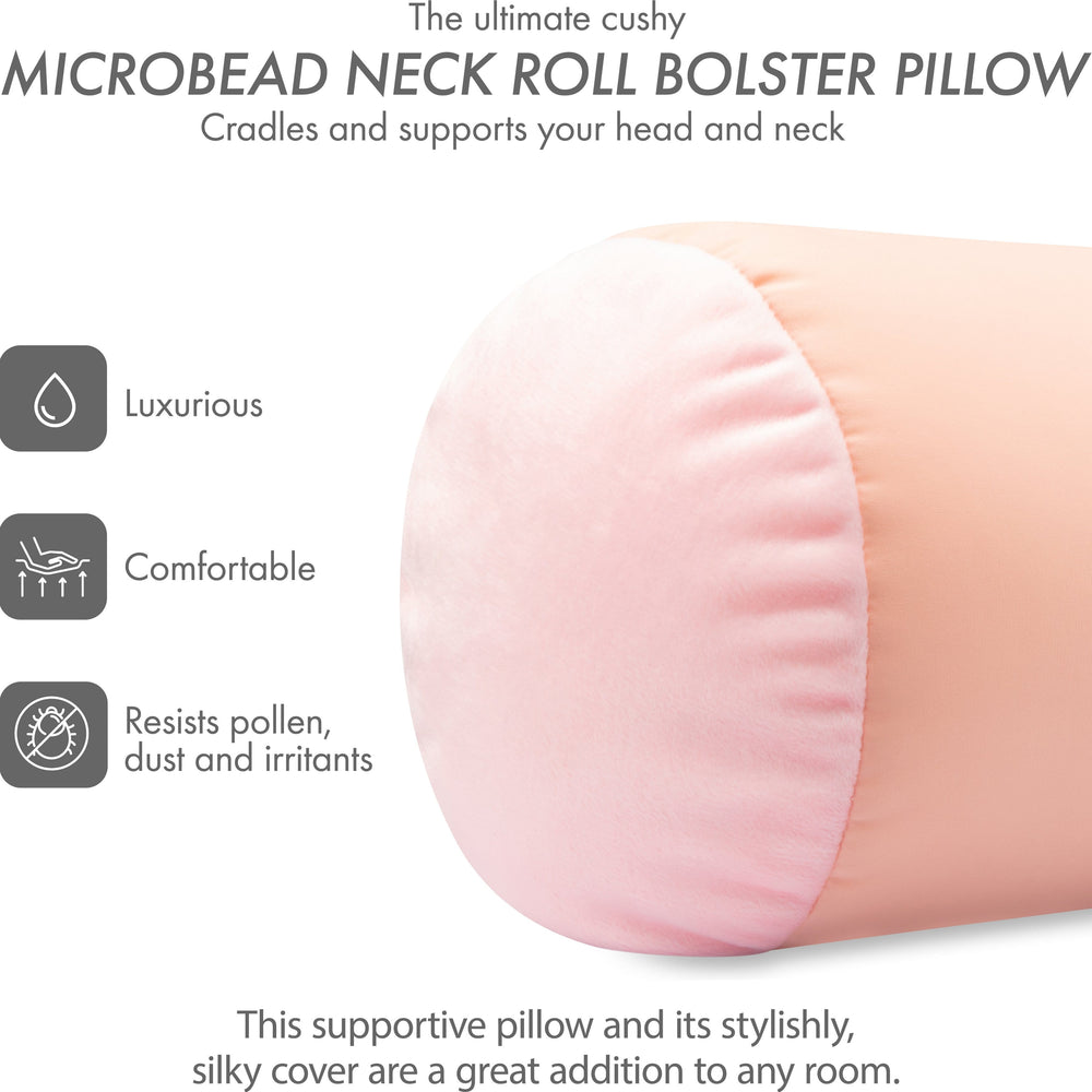 Microbead Bolster Neck Roll Pillow, Gently On Body, Head, Neck & Shoulders No Pain Rest, Relax Sleep - Silky Feel Prevent Wrinkles & Hair Breakage - Lightweight Cylinder, 14" x 8"